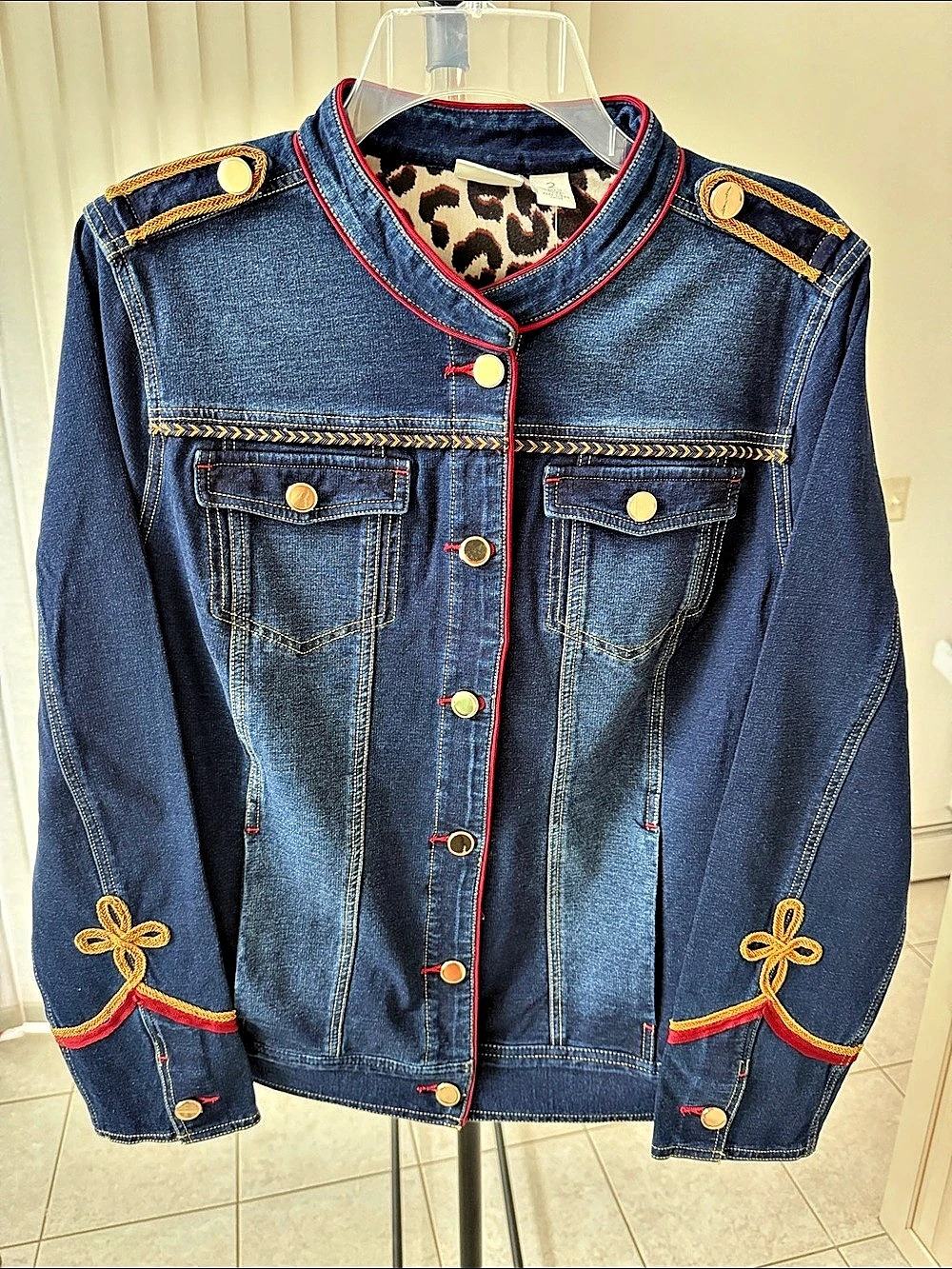 Military Glam Denim Jacket Blue & Red - Chico’s Size 2